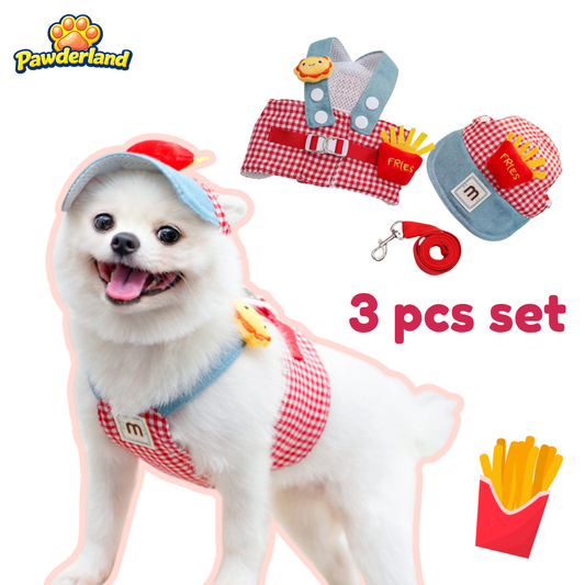 Hard-Working Fast Food Staff Set 3-Piece – Cute Vest Harness with Hat & Leash for Dogs & Cats